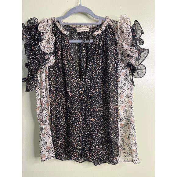 ULLA JOHNSON SILK BLACK & WHITE BLOUSE WITH RUFFLED SLEEVES, Size 2 - Picture 1 of 10